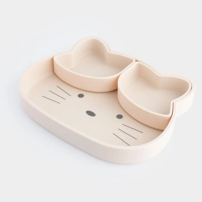 Балаларға арналған ыдыс-аяқ жинағы, 3 дана, силикон, сарғылт-қоңыр, Мысық, Kiddy, image-2