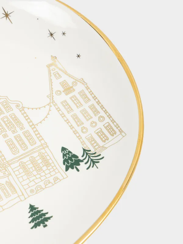 Блюдо, 32x21 см, фарфор N, овальное, молочно-золотистое, Домики и лошадь, Snow sparks, image-3