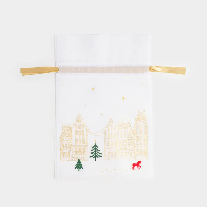 Сыйлық пакеті, 30х45 см, жіптері бар, полипропилен, ақ, Үйлер мен жылқы, Snow sparks