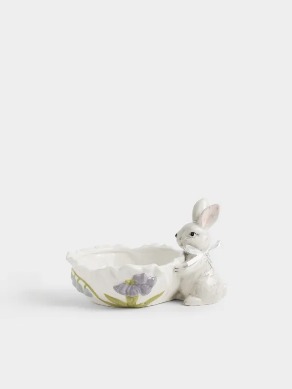 Кәмпит ыдысы, 20х13 см, керамика, сүт түстес және сұр, Гүлдері бар қоян, Easter, image-0