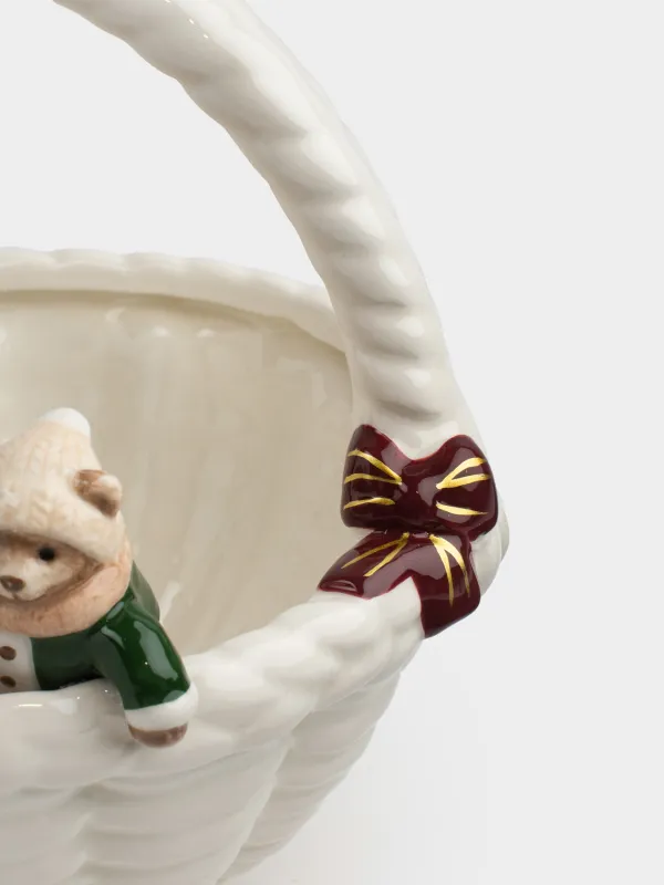 Кәмпит ыдысы, 20х21 см, тұтқасы бар, керамика, сүт түстес, Себеттегі тиін және аю, Christmas animals, image-4