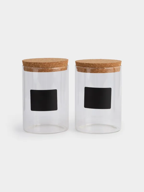 Сусымалы өнімдерге арналған банкіі, 800 мл, 2 дана, жазу өрісі, шыны Б/тығын, Clean cork, image-0