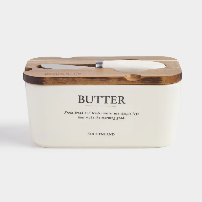 Масленка, 16 см, с ножом, керамика/дерево, прямоугольная, молочная, Course, image-0