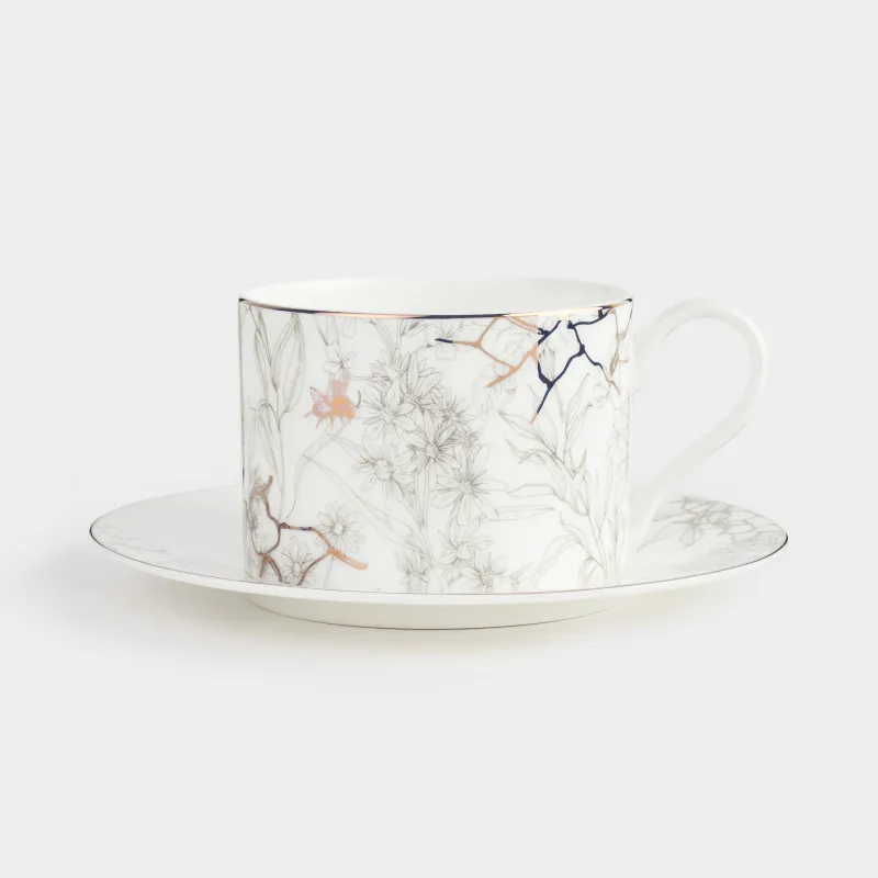 Пара чайная, 1 перс, 2 пр, 350 мл, фарфор F, бело-золотистая, Пчелы с цветами, Honey, image-0