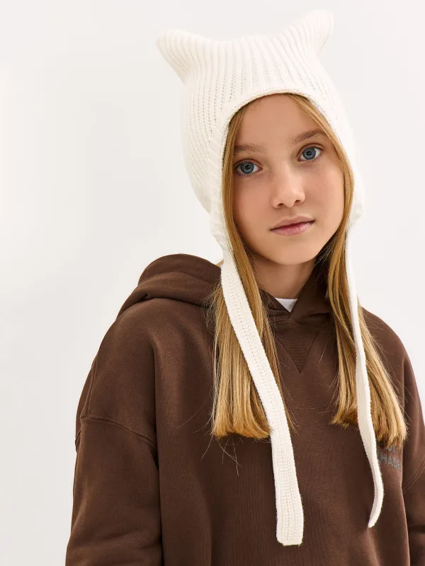 Шапка детская, единый размер, с завязками, вискоза/полиэстер/нейлон, экрю, Ушки, Knitting, image-1