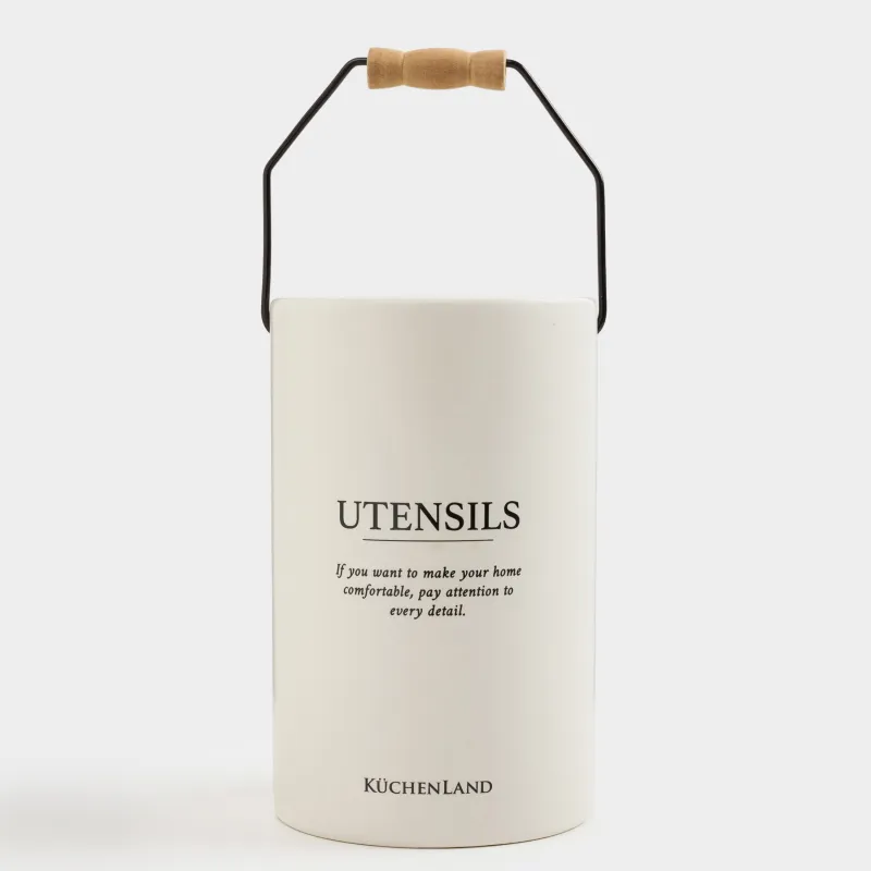 Подставка для кухонных принадлежностей, 17 см, с ручкой, керамика/металл, молочная, Course, image-1