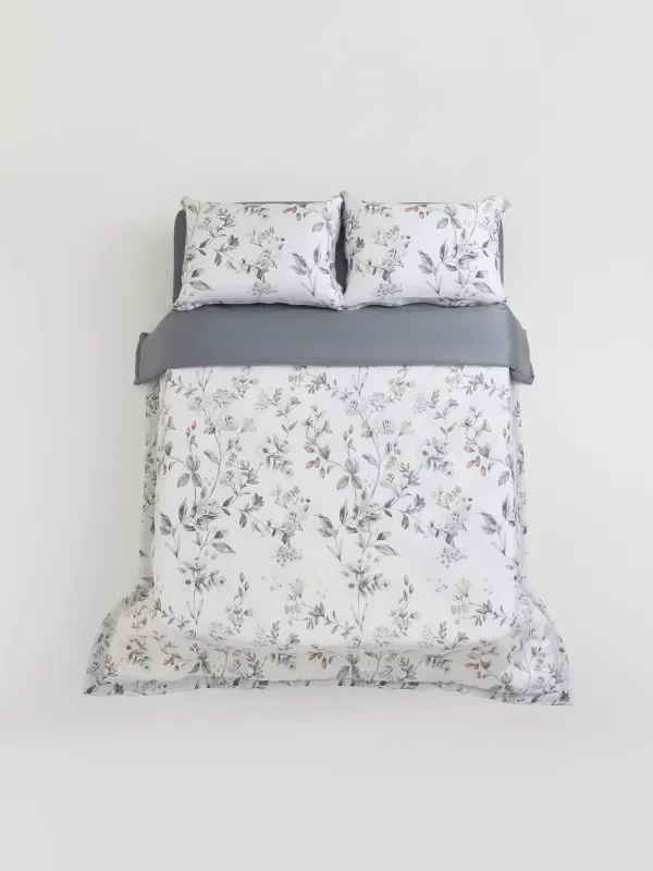 Төсек жиынтығы, еуро, тенсель 300 ТС, ақ және сұр, Гүлдер мен жидектер, Tencel, image-0