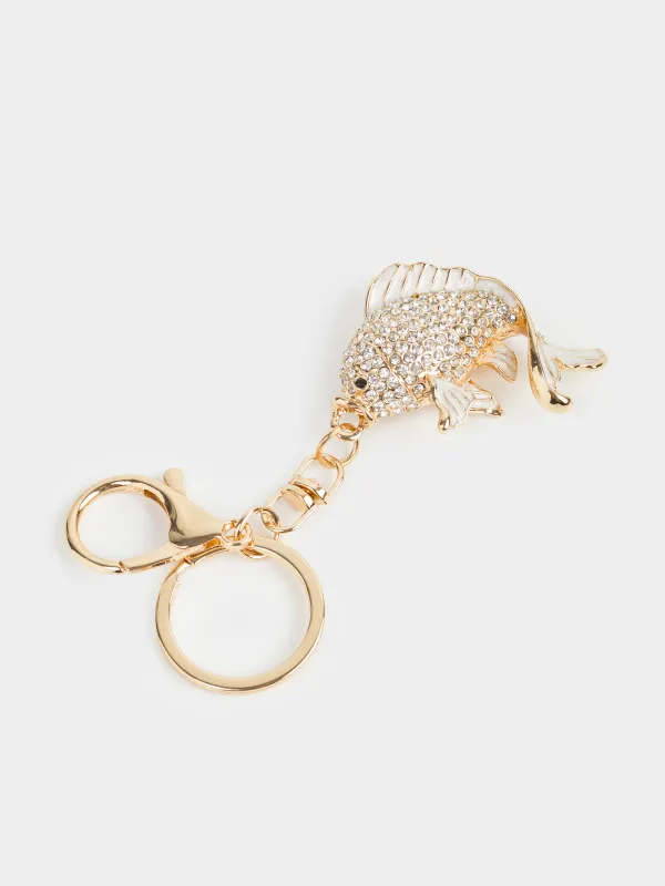 Салпыншақ, 12 см, металл/страздар, алтын, Балық, Keychain crystal, image-1