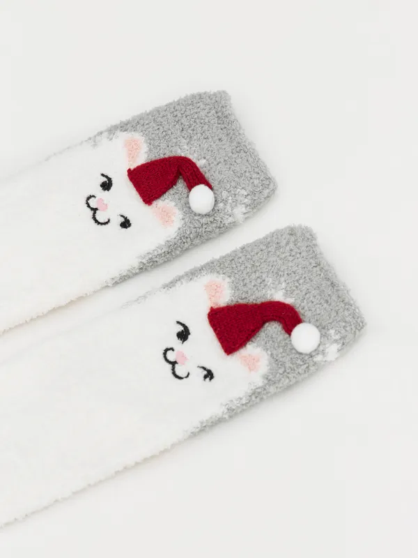Носки детские, домашние, в коробке, полиэстер, серо-молочные, Кот в колпаке, Merry, image-1