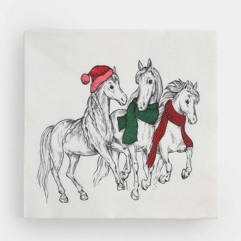 Салфетки бумажные, 33х33 см, 20 шт, квадратные, белые, Лошади в шарфах, Horse trio