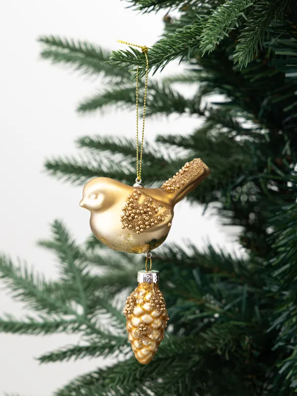 Игрушка елочная, 11 см, стекло, с блестками, золотистая, Птичка с шишкой, Figure christmas, image-2