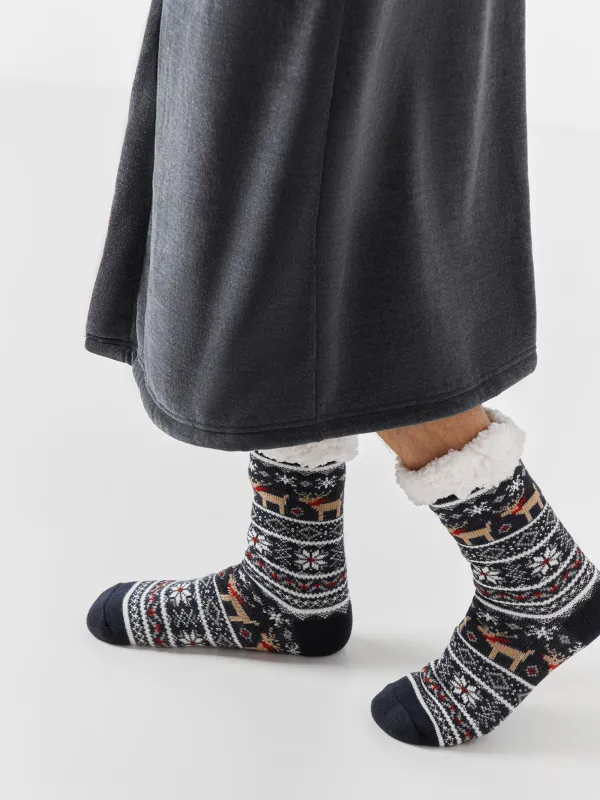 Ерлер шұлықтары, үйге арналған, өлшемі 39-42, акрил/полиэстер/шерпа, көк, Қысқы өрнек, Hot winter, image-3