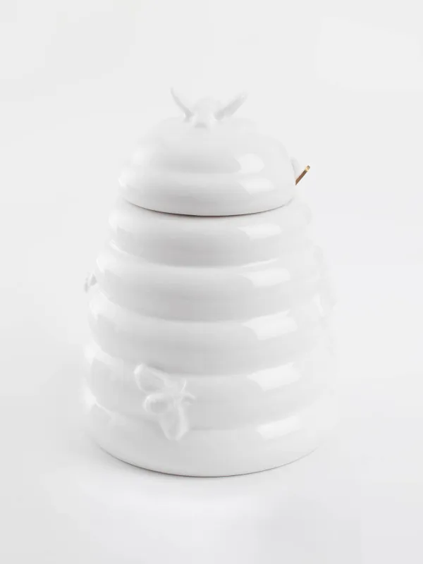 Балға арналған құты, 650 мл, қасықпен, керамика/болат, сүт түстес, аралар, Honey, image-0