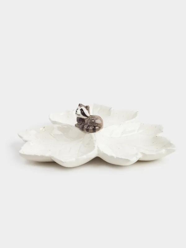 Бөлімі бар тәрелке, сәнделген, 21 см, 3 бөлім, керамика, сүт түстес, дақты, Жапырақтардағы жанат, Slight frost, image-0