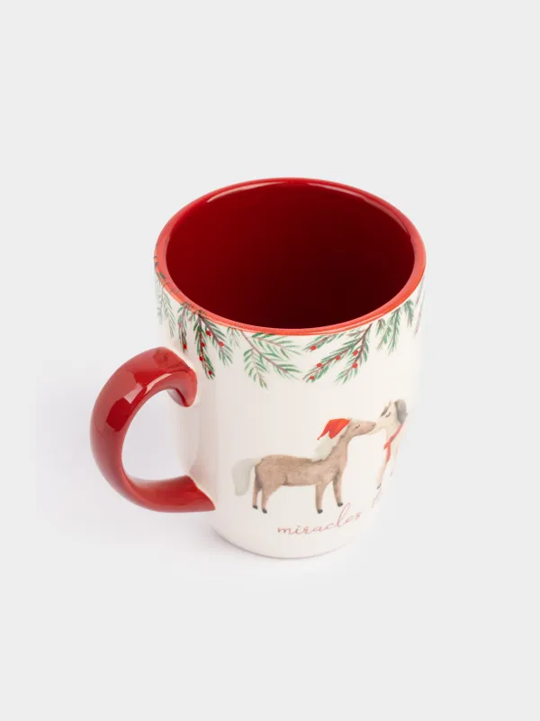 Саптыаяқ, 330 мл, керамика, ақ және қою қызыл, Жылқылар сүйіп жатыр, Horse christmas, image-2