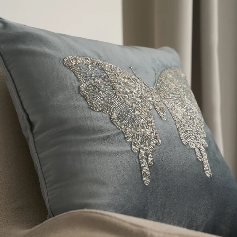 Сәндік жастық, 50х50 см, барқыт/моншақ, сұр, көбелек, Bugs