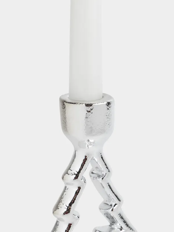 Шам ұстағыш, 15 см, жіңішке шамға арналған, аяқты, керамика, күміс, Шырша, Silver style, image-2