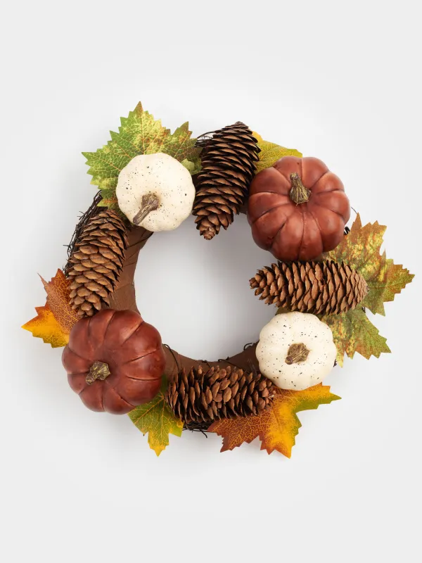 Сәндік гүл шоғы, 10/21 см, пенопласт/полиэстер, Шырша бүршіктері мен жапырақтары бар асқабақтар, Autumn fusion, image-0