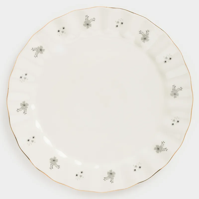 Тарелка обеденная, 27 см, фарфор P, молочная, с золотистым кантом, Серые цветы, Florals, image-0