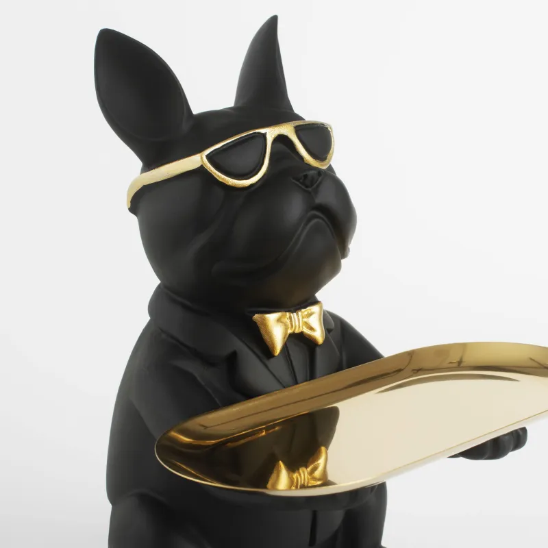 Сәндік тағам, 23 см, шошқа банкі, полирезин / металл, алтын қара, Бульдог, ит, image-4