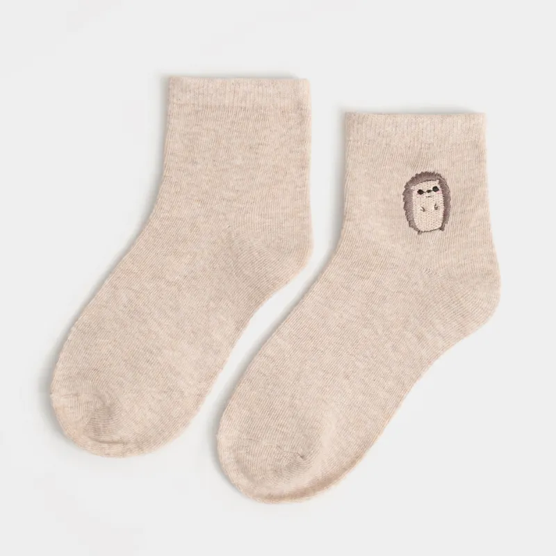 Носки детские, р. 23-26, хлопок/полиэстер, песочный меланж, Еж, Fancywork