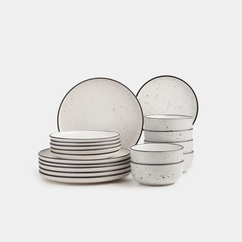Ас сервизі, 6 адам, 18 зат, керамика, ақ, қара жиегі бар, дақты, Speckled black