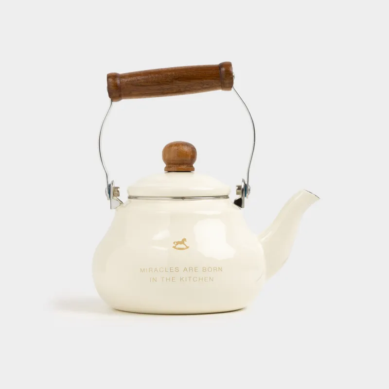 Шайнек, 1,2 л, ысқырығы бар, эмальданған металл/ағаш, сүт түстес, Жылқы, Emamel