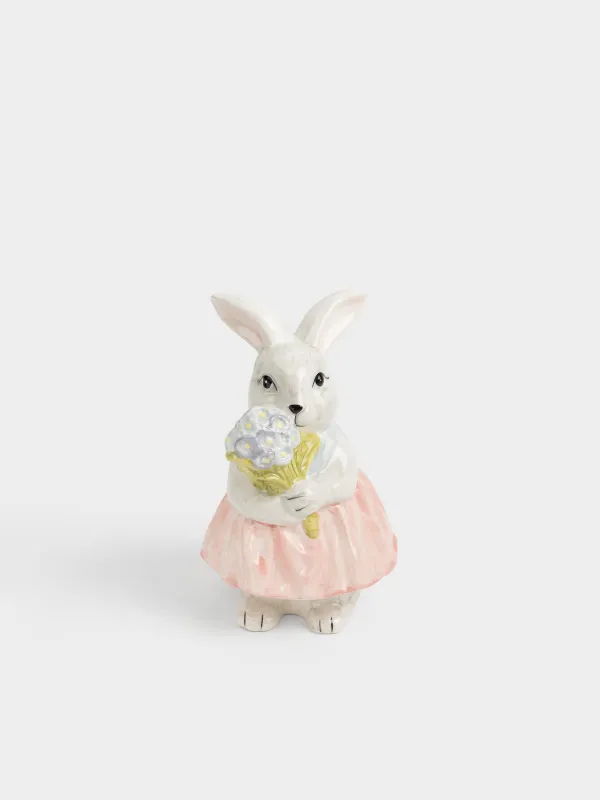 Мүсінше, 21 см, керамика, сұр, Көйлек киген және Гүлдері бар қоян, Easter, image-0