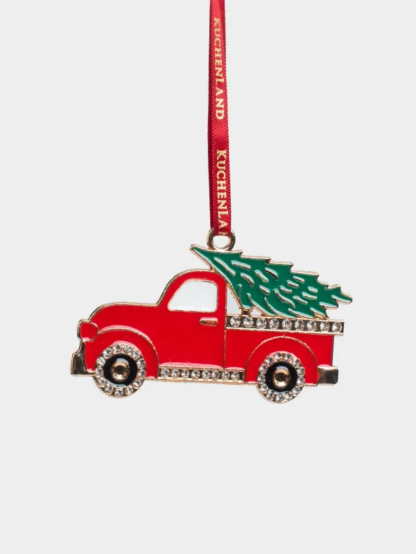 Игрушка елочная, 8 см, металл/стразы, зелено-красная, Пикап с елкой, Figure christmas, image-0