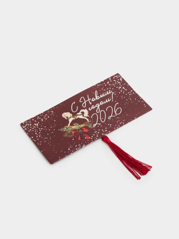 Сыйлық конверті, 17х9 см, қылқаламы бар, қағаз, қою қызыл, Тербелетін ат, Christmas, image-1