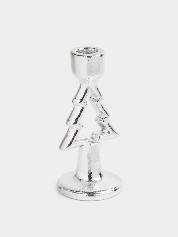 Шам ұстағыш, 15 см, жіңішке шамға арналған, аяқты, керамика, күміс, Шырша, Silver style, image-1