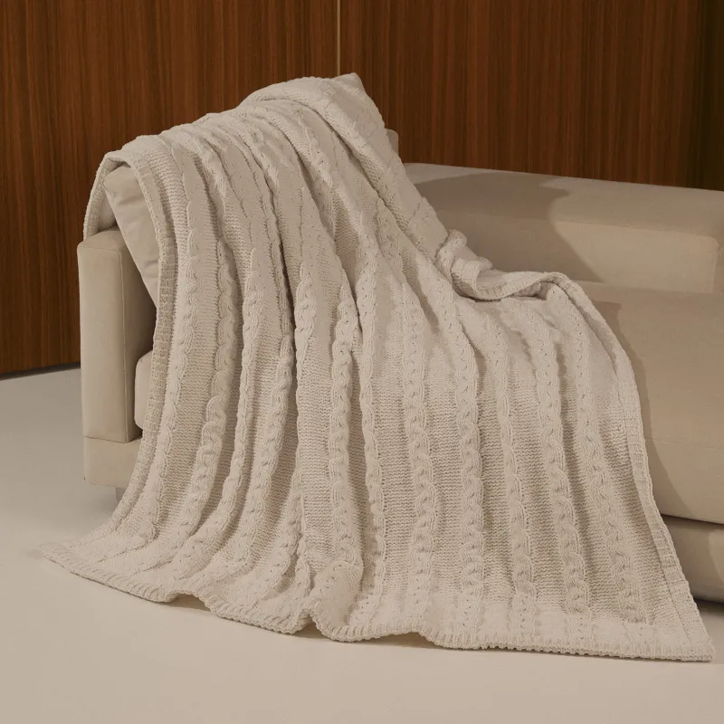 Плед, 130х170 см, вязаный, двусторонний, шенилл/шерпа, молочный, Knitting