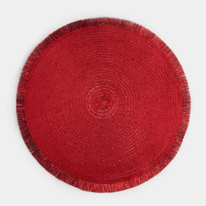Салфетка под приборы, 38 см, с бахромой и пайетками, полиэстер, круглая, красная, Rotary shine
