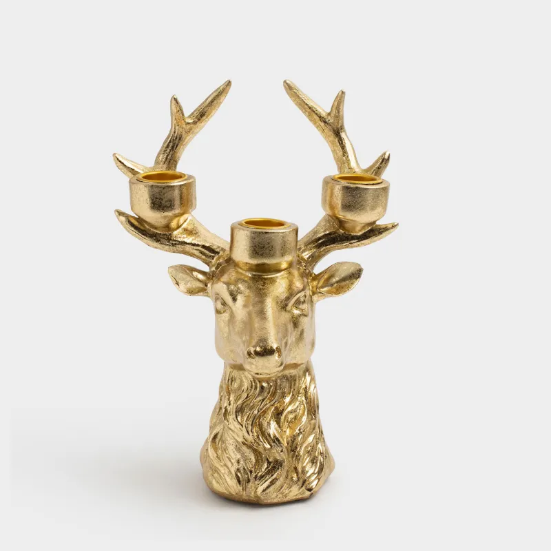 Шырағдан, 21 см, 3 жіңішке шам, полирезин, алтын, Бұғының басы, Deer gold