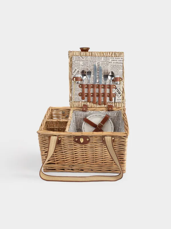 Пикник себеті, 40х30 см, 2 адам, 12 зат, бөтелке бөлімі бар, жүзім сабағы, қоңыр, Picnic, image-1