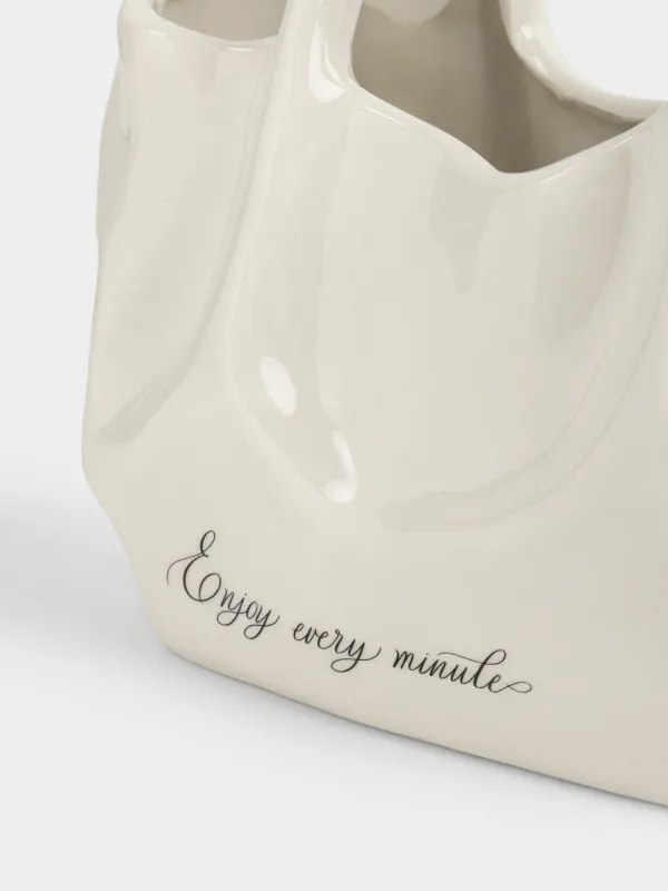 Гүл вазасы, 20х20 см, сәндік, тұтқасы бар, керамика, сүт түстес, Сөмке, Crumple, image-2