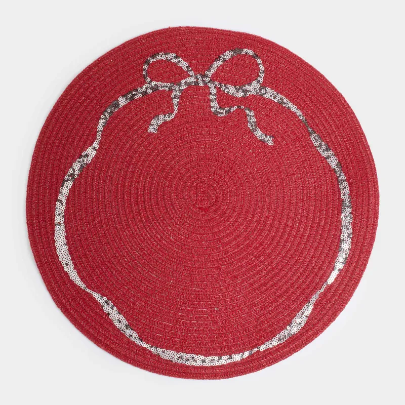 Салфетка под приборы, 38 см, с пайетками, полиэстер/пластик, круглая, красная, Бант, Rotary