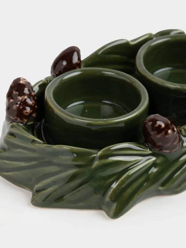 Шам ұстағыш, 18х13 см, 2 шай шамына арналған, керамика, жасыл, Шырша бұтағындағы шырша бүршіктері, Forest whispers, image-1