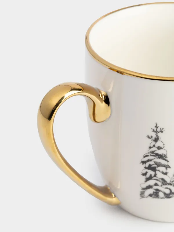 Кружка, 500 мл, фарфор N, бело-золотистая, Лошадь в снежном лесу, Horse gold, image-2