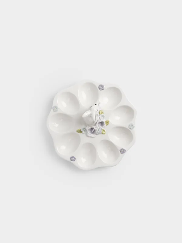 Пасха ыдысы, 22х9 см, 9 бөлім, керамика, сүт түстес және сұр, Гүлдер арасындағы қоян, Easter, image-3