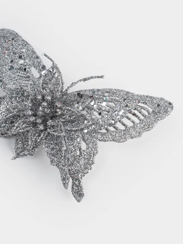 Сәндік әшекей, 16 см, қыстырғышта, пластик, күміс, Гүлі бар көбелек, Flower decor, image-2