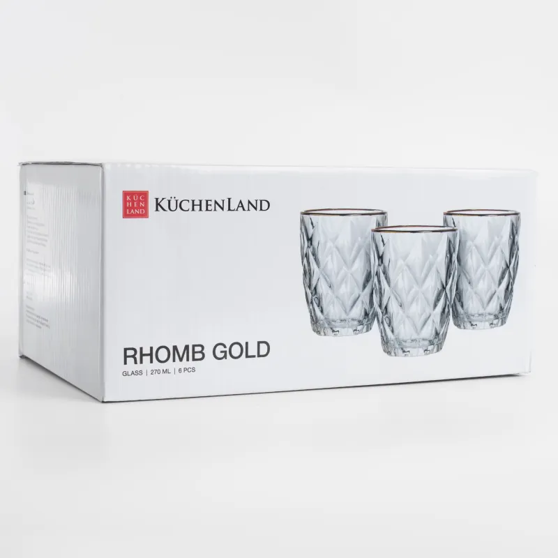 Стақан, 10 см, 270 мл, 6 дана, шыны Р, алтын жиегі бар, Rhomb gold, image-6
