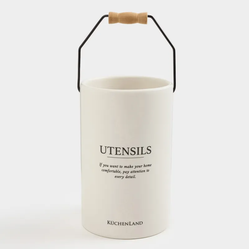 Подставка для кухонных принадлежностей, 17 см, с ручкой, керамика/металл, молочная, Course, image-0