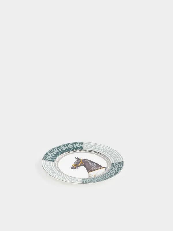 Тіскебасар тәрелкесі, 21 см, фарфор F, ақ және жасыл, күміс жиектері бар, Жылқы, Breton horse, image-1