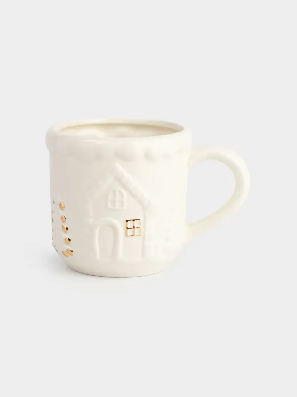 Саптыаяқ, 500 мл, керамика, сүт және алтын түстес, Шыршалары бар үй, Snow sparks, image-0