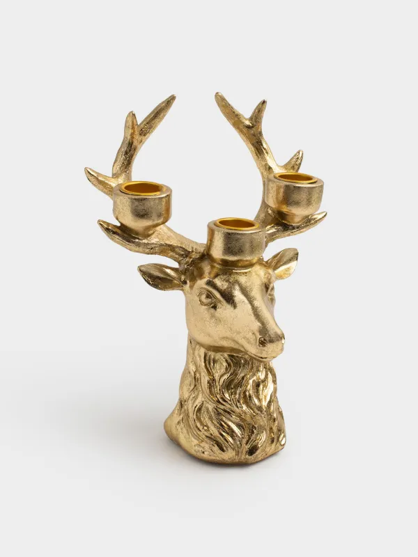 Подсвечник, 21 см, 3 тонкие свечи, полирезин, золотистый, Голова оленя, Deer gold, image-2
