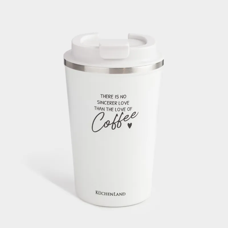 Термокружка, 350 мл, сталь/пластик, белая, с надписью, Coffee time