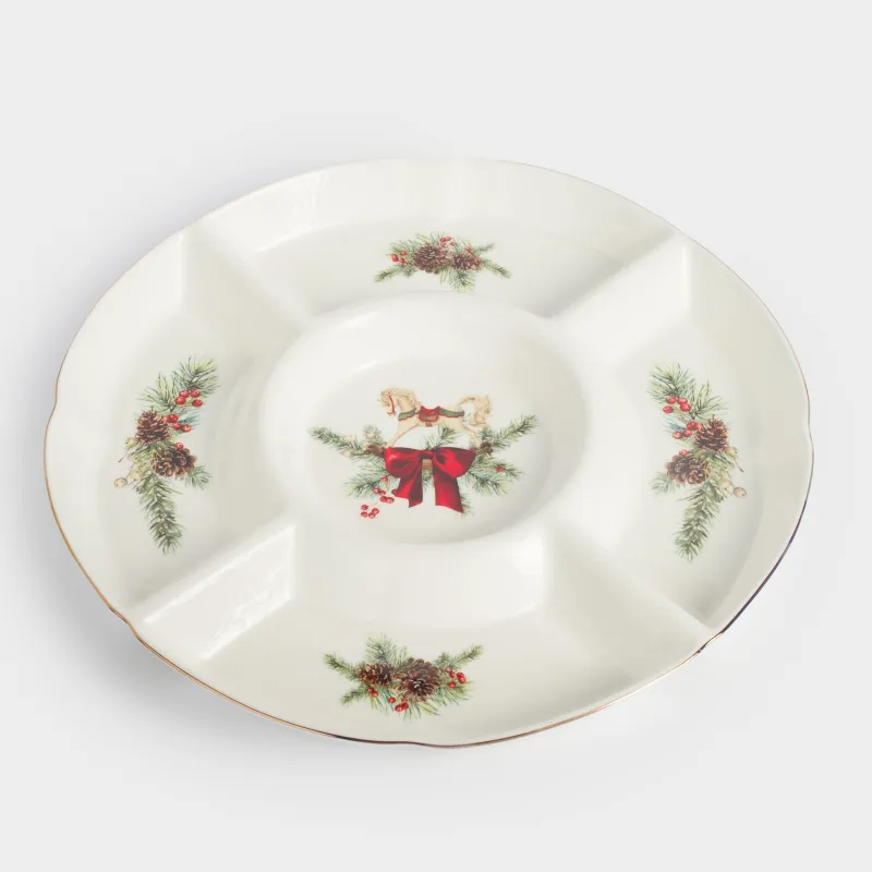 Менажница, 33 см, 5 отд, фарфор F, белая, Лошадка с бантом, Christmas miracle classic