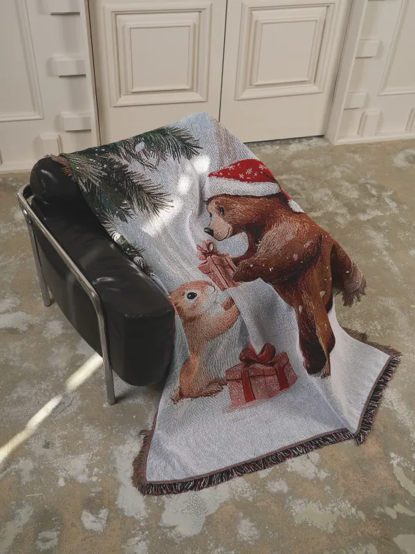 Плед, 130х170 см, с бахромой, гобелен, Мишка и зайка с подарками, Friends forest, image-5