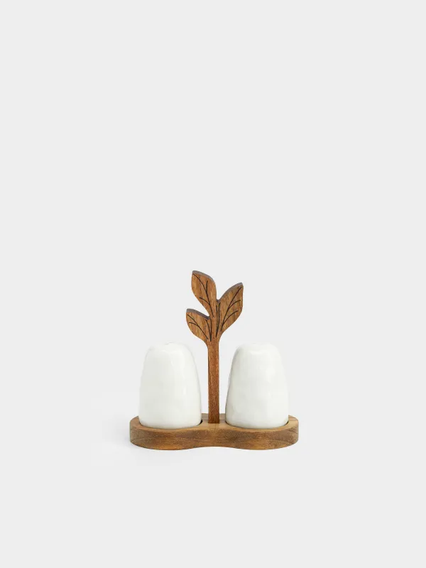 Набор для соли и перца, 7 см, на подставке, фарфор P/дерево, молочный, Ветвь, Noble tree, image-0